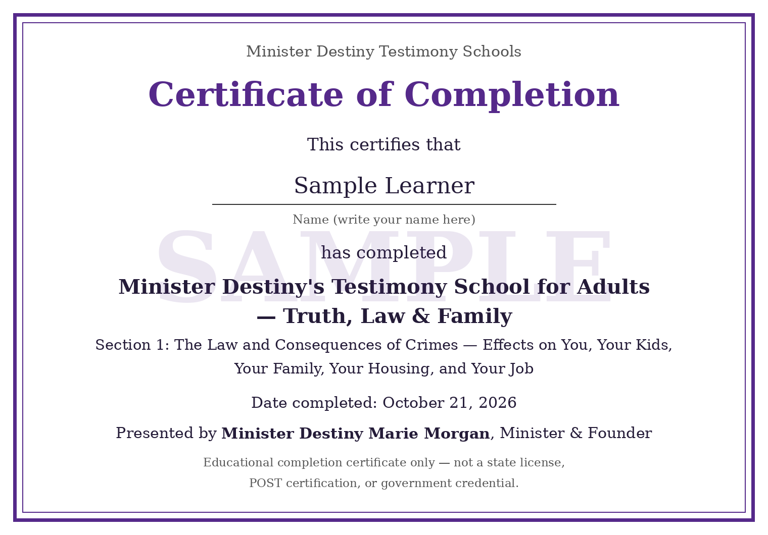 Sample Certificate of Completion — Minister Destiny Testimony Schools — Adult, with a SAMPLE watermark