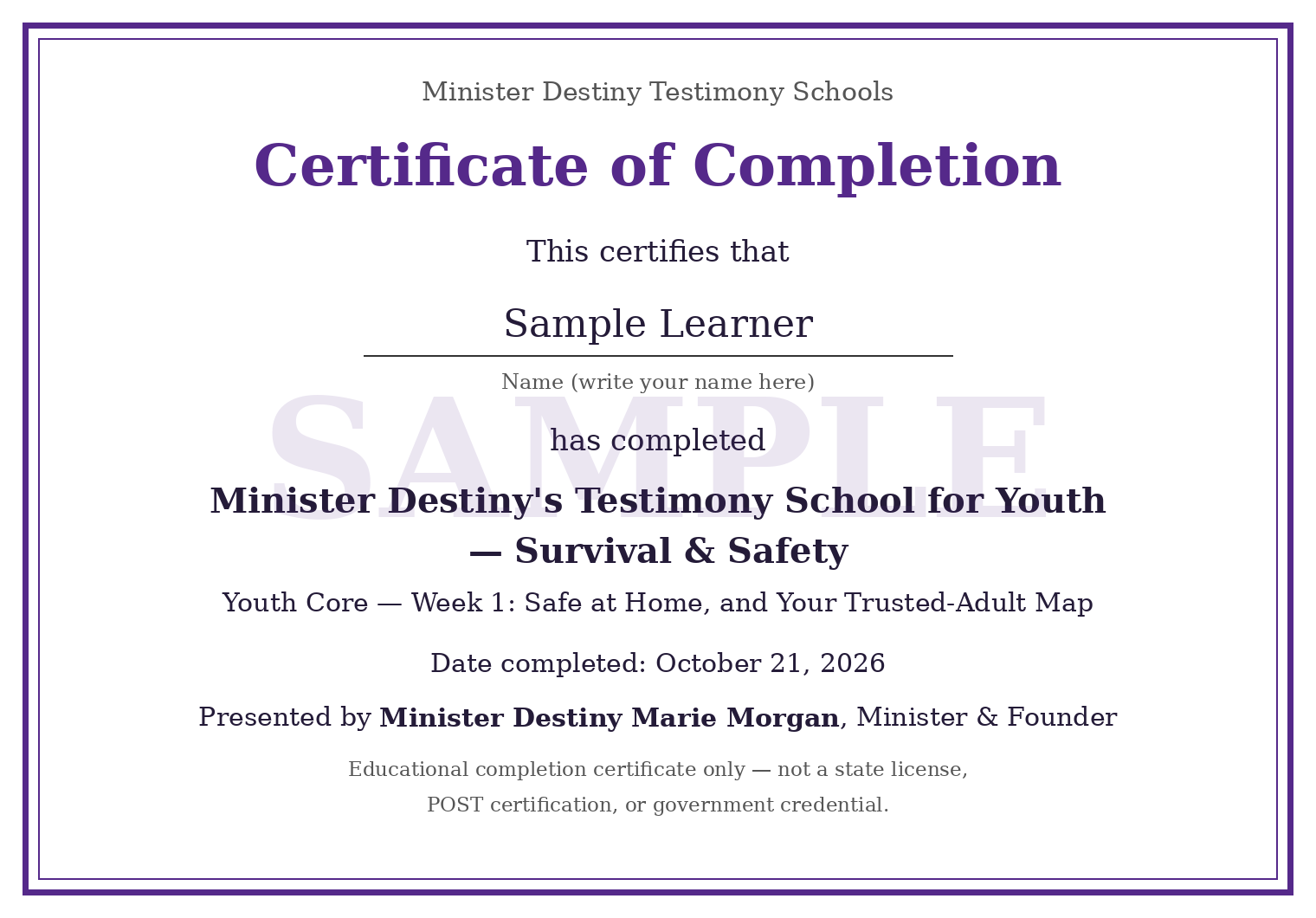 Sample Certificate of Completion — Minister Destiny Testimony Schools — Youth, with a SAMPLE watermark